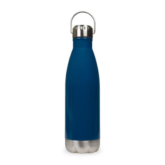 A drink bottle in a deep blue finish with a stainless steel hanger lid. It has a sleek, slender design.