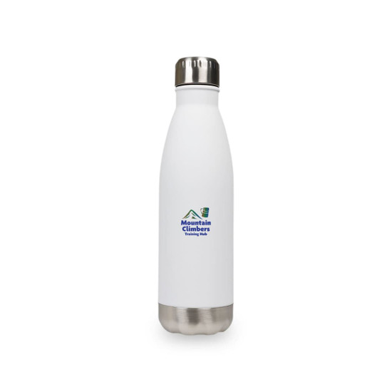 A drink bottle with a sleek white finish and a stainless steel base, featuring a logo on the front.