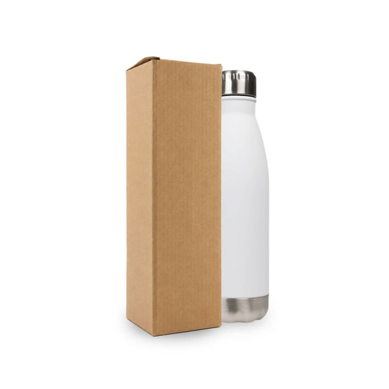 A drink bottle in white with a stainless steel lid, presented alongside a brown cardboard box.