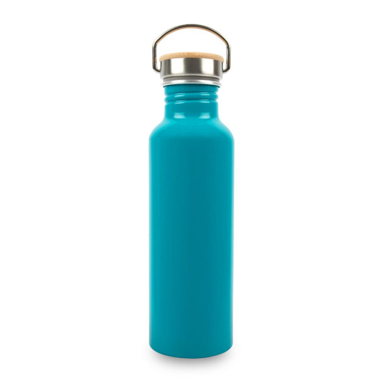 A drink bottle in bright turquoise with a stainless steel top and a wooden cap, featuring a logo.