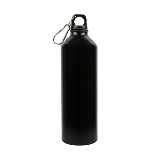 A drink bottle made of aluminum, featuring a sleek black finish and a metal carabiner for easy attachment.