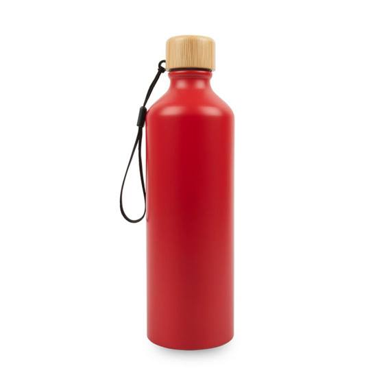 A drink bottle in bright red with a bamboo lid and a black strap, featuring a logo.