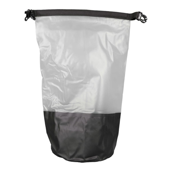 A waterproof bag featuring a clear upper section and black lower section, secured with adjustable straps.