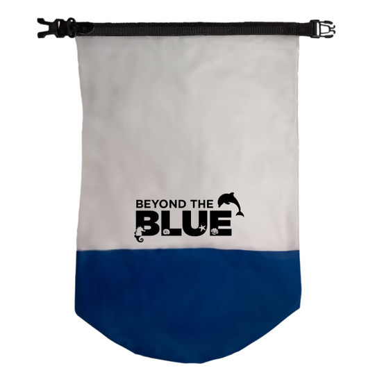 A waterproof bag featuring a two-tone design in white and blue, with the text "BEYOND THE BLUE" prominently displayed.