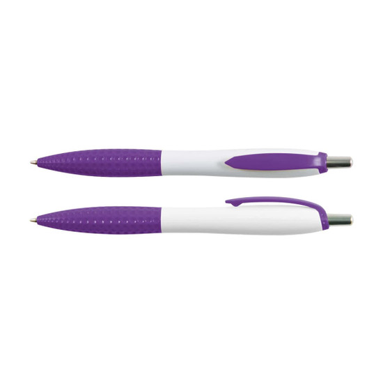 A set of two Mac Pens featuring a sleek design with a white body and textured purple grips.