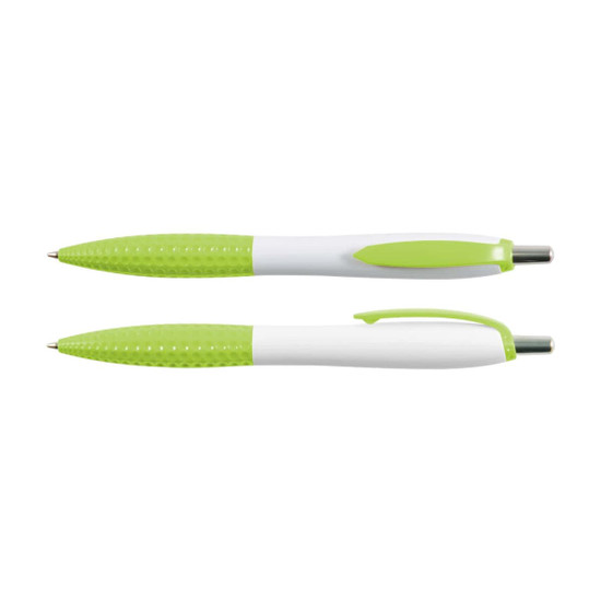 Two plastic pens named Mac Pen, featuring a white barrel with a green textured grip and clip, showcasing a sleek design.