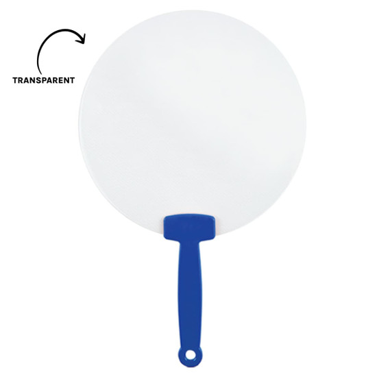 A round, transparent fan with a blue handle. The fan has a flat surface and is simple in design.