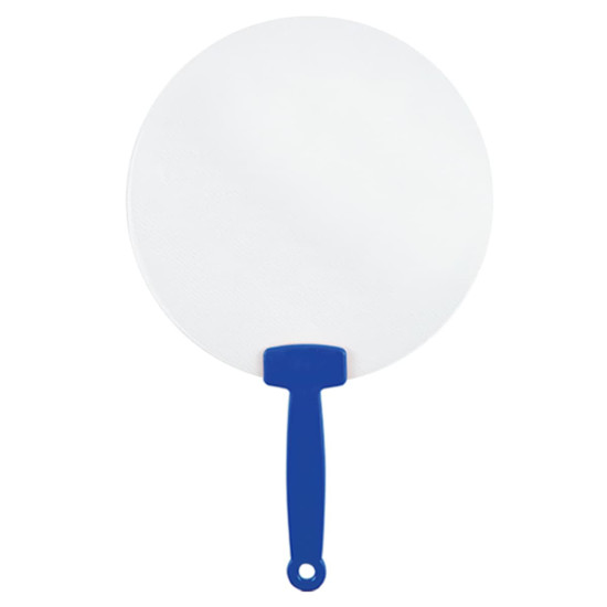 A round, white fan with a blue handle, featuring a simple design and a loop for hanging.