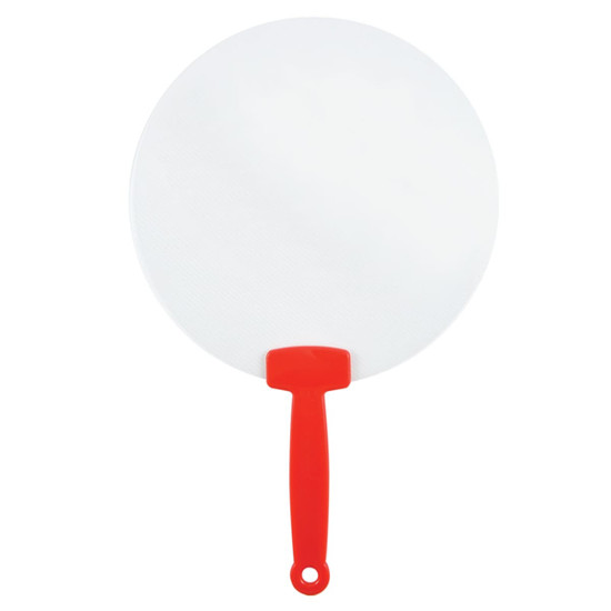 A round fan with a white blade and a red handle, featuring a sleek design and a loop for hanging.
