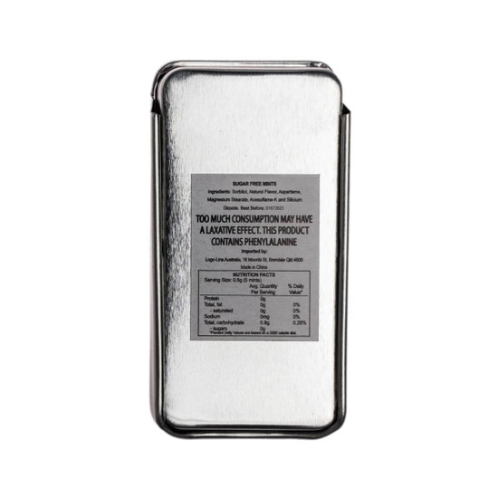 A silver slider tin containing sugar-free mints, featuring a nutrition label on the front.