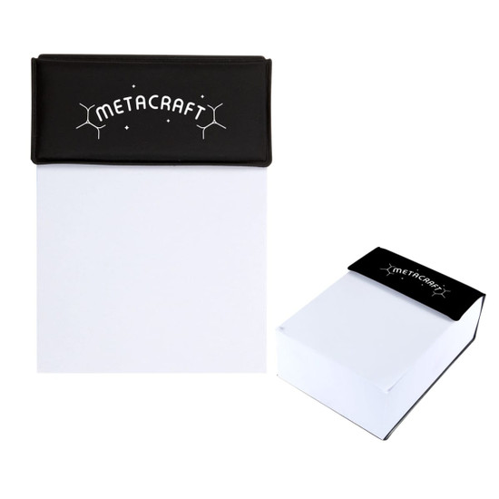 A notepad with a black top cover featuring branding, and a clean white note pad underneath.