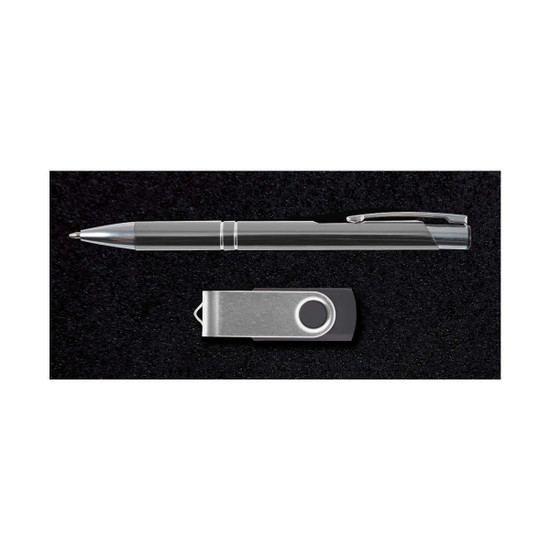 A silver pen and a metallic USB drive presented on a black background, part of the Bellman Gift Set.