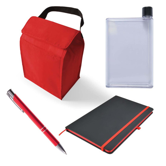A red cooler bag, a clear drink bottle, a black notebook with a red strap, and a silver pen. All items are in a flat layout.