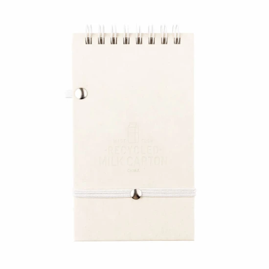 A white notepad made from recycled materials, featuring a spiral binding and a secure closure. It includes a pen.