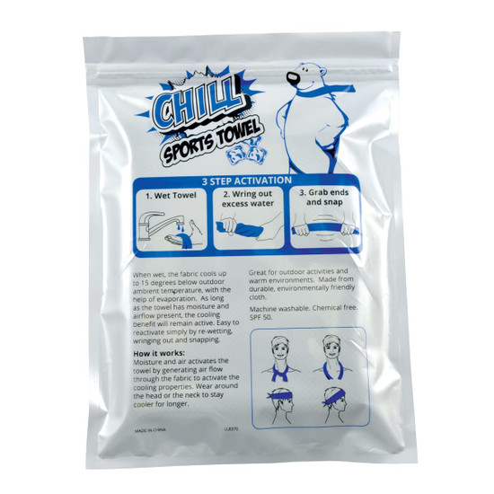 A cooling towel in a silver pouch, featuring a design with instructions and a logo. The towel is light blue.