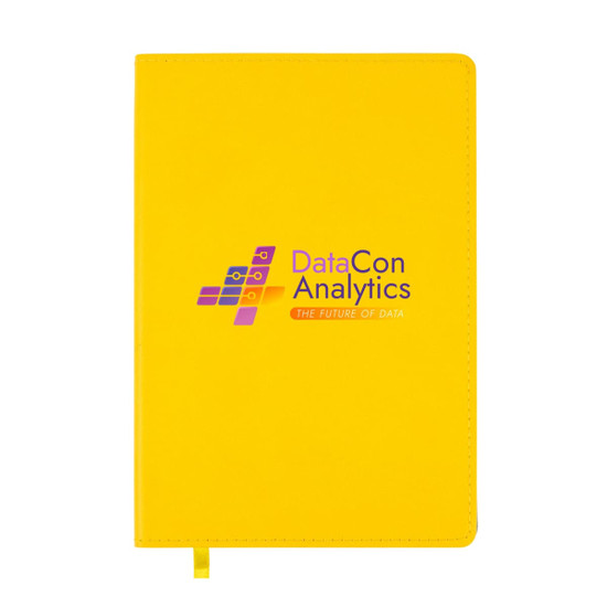A yellow A5 notebook with a logo on the cover, featuring a smooth surface and a matching ribbon bookmark.