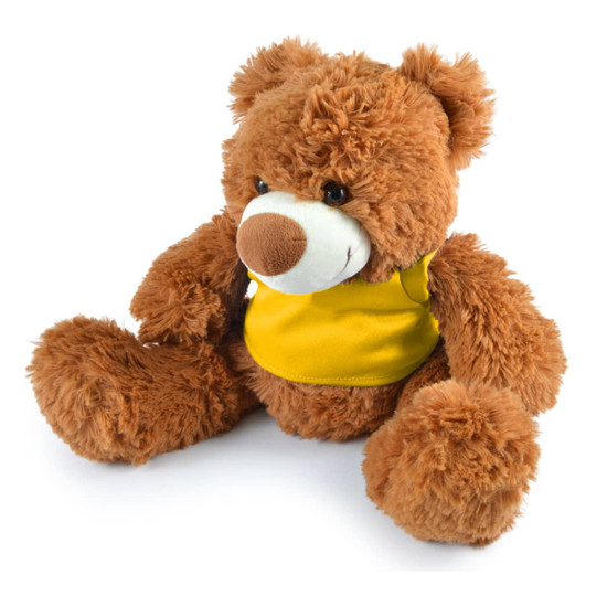 A plush teddy bear with a fluffy texture and a friendly face, wearing a yellow shirt.