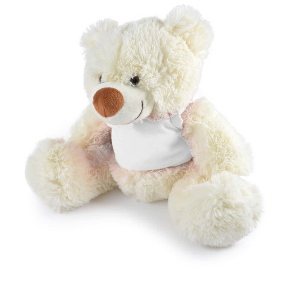 A plush teddy bear in cream and light pink, featuring a soft texture and a round nose. It has a blank area on its chest.
