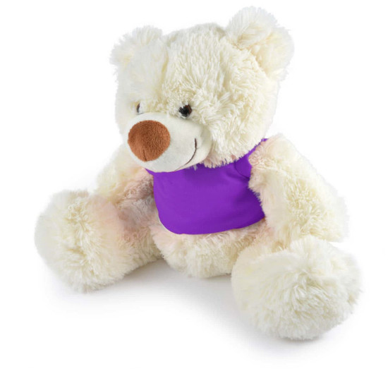A Coconut Plush Teddy Bear with a soft, fluffy cream-colored fur and a purple shirt.