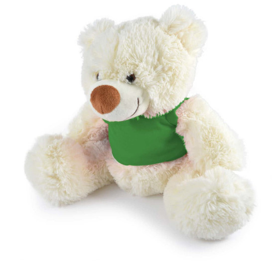 A plush teddy bear in white with a green vest, featuring soft fur and a friendly face.