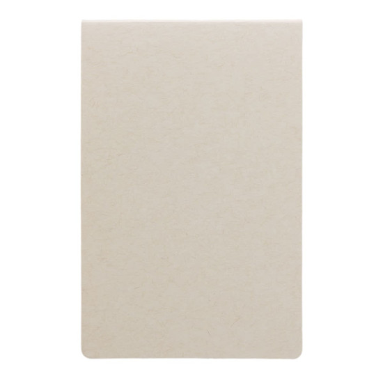 A stack of beige sticky notes with rounded corners, featuring a simple design and texture.