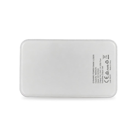 A white Dynamo Wireless Power Bank with a sleek design, featuring a logo and various technical markings.