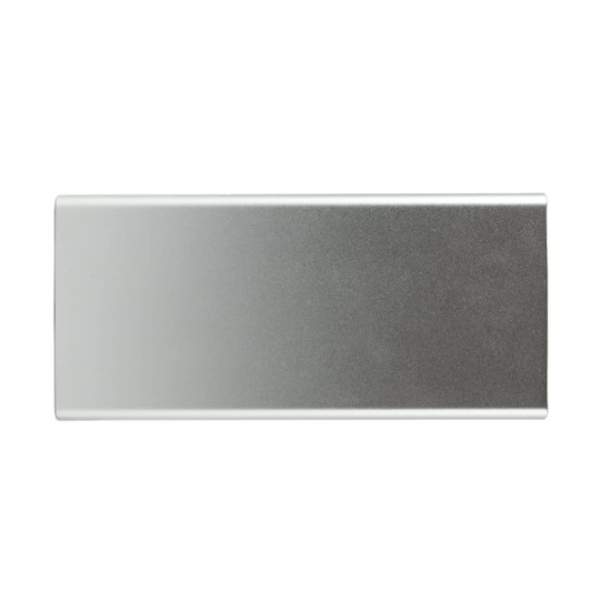 A power bank with a sleek, metallic design, featuring a gradient from silver to a darker gray finish.