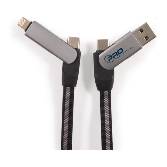 A grey and black charging cable with USB-C and Lightning connectors, featuring a branding logo on one side.