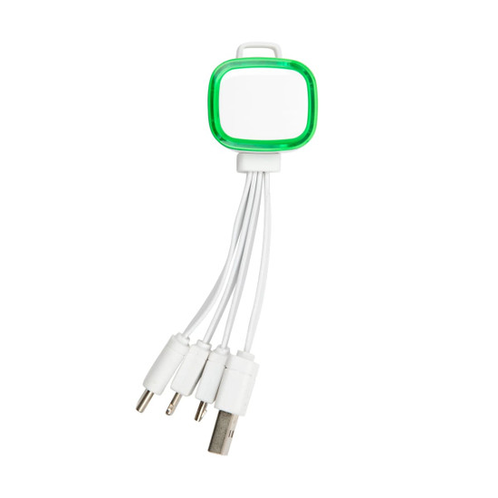 A green and white charging cable with multiple connectors for different devices attached to a compact handle.