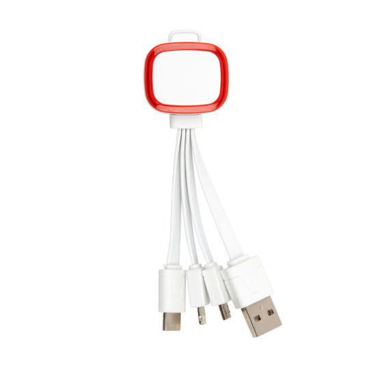 A charging cable featuring a compact design with a red connector and three white cables for various devices.