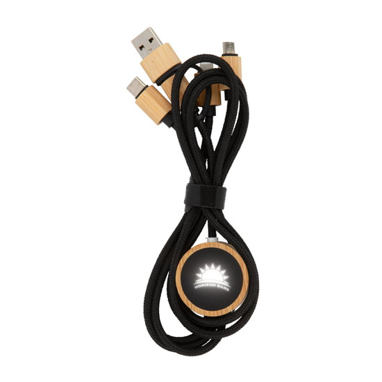 A charging cable in black with bamboo accents and multiple connectors, featuring a circular logo.