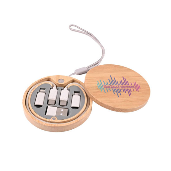 A round bamboo case containing multiple charging cables in silver and gray, featuring a logo on the lid.