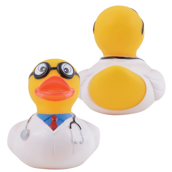 A Doctor Quack PVC Bath Duck featuring a yellow duck with glasses, a stethoscope, and a white lab coat.