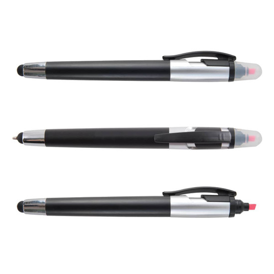 A set of three black stylus pens with silver accents, featuring a highlighter at one end. Each pen has a clip.