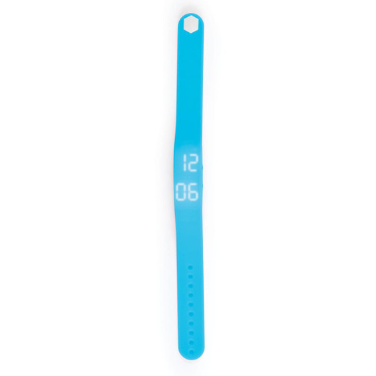 A bright blue Stride Pedometer Bracelet 2.0 with a digital display showing the time and activity metrics.