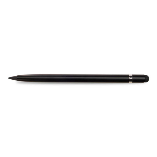 A black aluminium inkless pen with a sleek design and a metallic accent. It features a logo on the barrel.