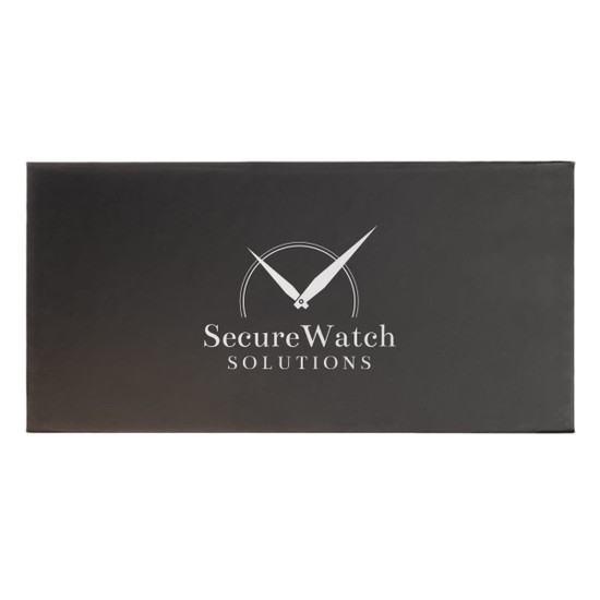 A rectangular black box featuring a clock graphic and a logo with the text "SecureWatch Solutions."
