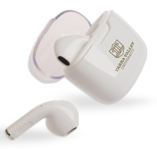 Twista Earbuds in white with a charging case, featuring a logo design on the case.
