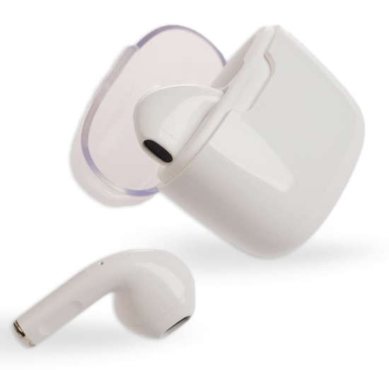 White Twista Earbuds with a charging case, featuring a sleek design. Earbuds have a smooth finish and rounded edges.