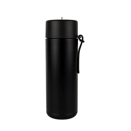 A drink bottle in matte black finish with a screw-top lid and a carrying strap, featuring a logo.