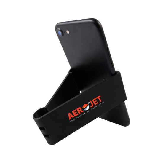 A black phone stand featuring a logo, supporting a smartphone in an upright position.