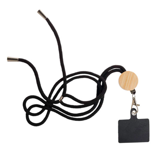 A neck lanyard featuring a wooden clip and a black pouch, designed to hold a phone securely.