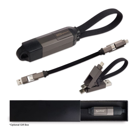 A multi-functional charging cable in grey and black, featuring a compact design with multiple connectors.