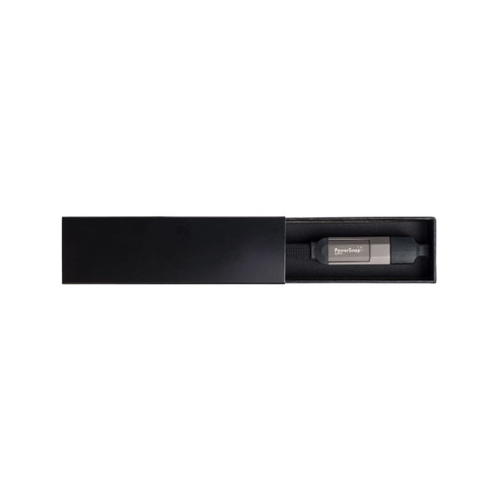 A sleek black box containing a silver and gray multi-functional charging cable. The box features a logo.