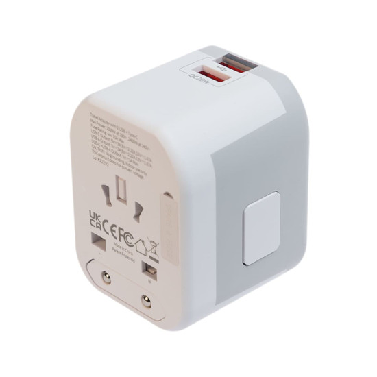 A travel adaptor featuring multiple plug types, including UK and USB connections, designed for international use.