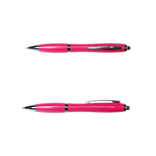 A pink plastic pen with silver accents and a clip. The pen features a smooth glossy finish.