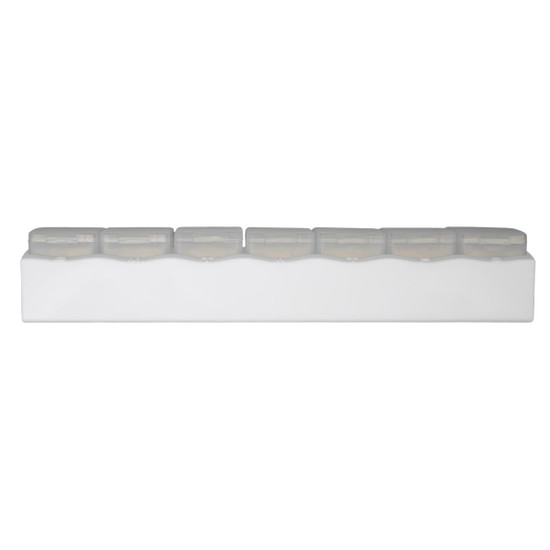 A clear weekly pill box featuring seven compartments for organizing medication, with a white base.