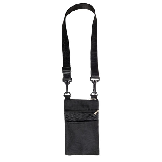 A black neck pouch with a strap and a zippered pocket, featuring a mesh overlay on the front.