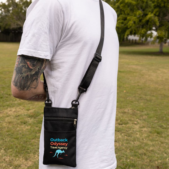A black neck pouch with a strap and a logo, featuring a zippered pocket and a textured surface.