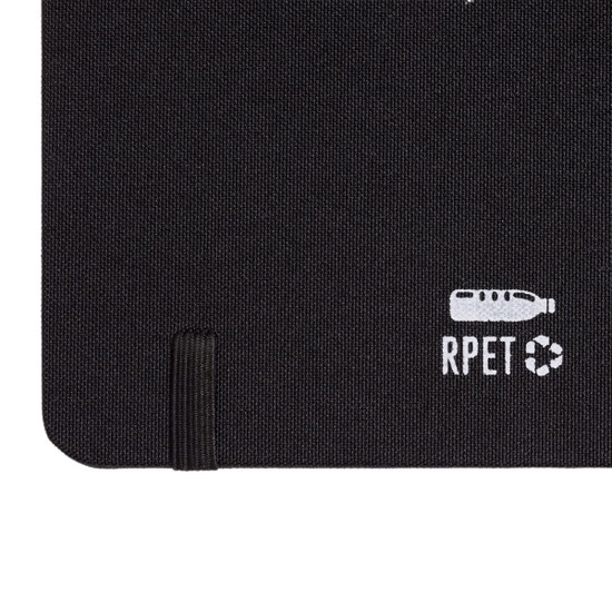 A black A5 notebook made from RPET material, featuring a logo and an elastic band closure.